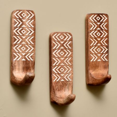 Brown Wooden Adhesive Hooks for Painted Walls - Pack of 3